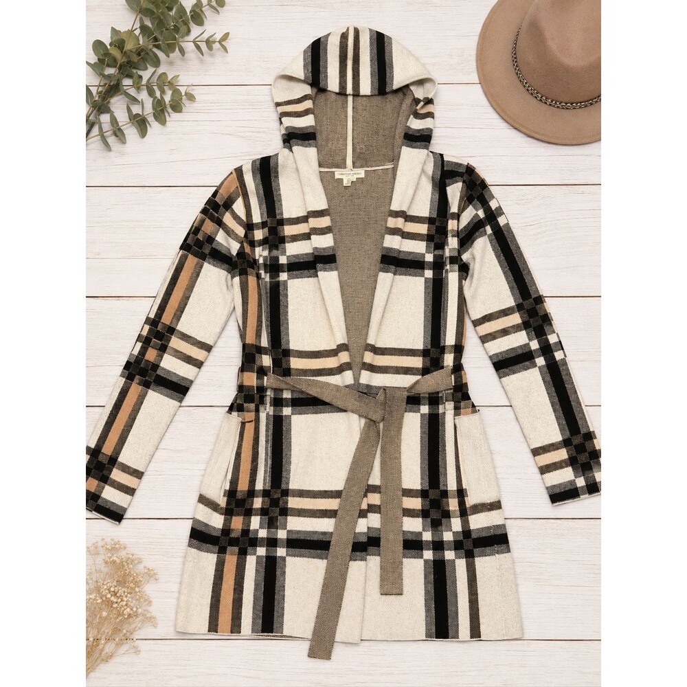 Christian Siriano XS Plaid Hooded Belted Sweater Cardigan Coat Tan Black